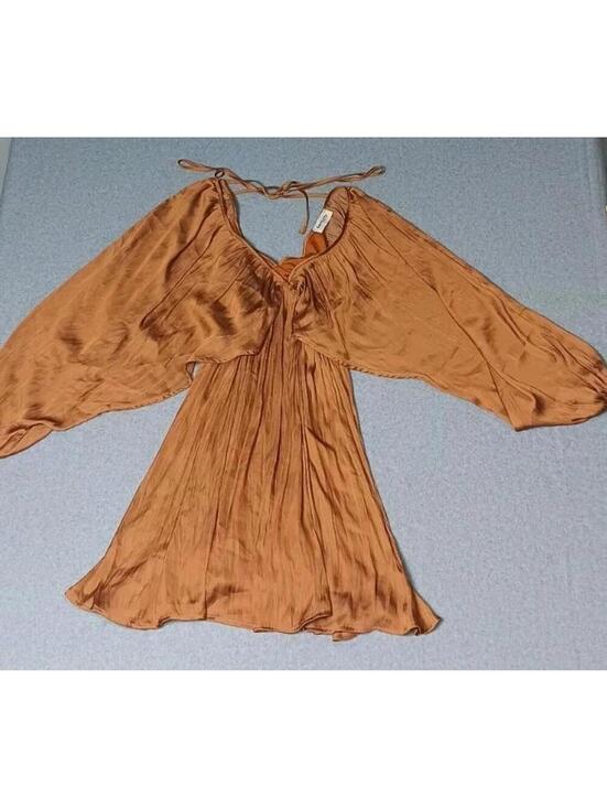 Impressions Dresses & Skirts - Impressions cape sleeves pleated mini dress Women Size Large Gold Deep Vneck...